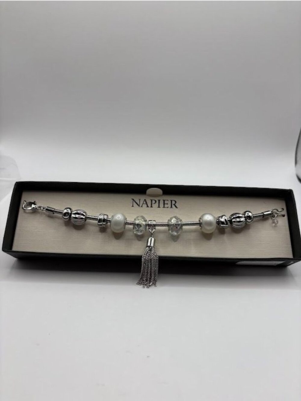 Napier Silver-Tone Beaded Charm Bracelet With Box - Picture 1 of 6